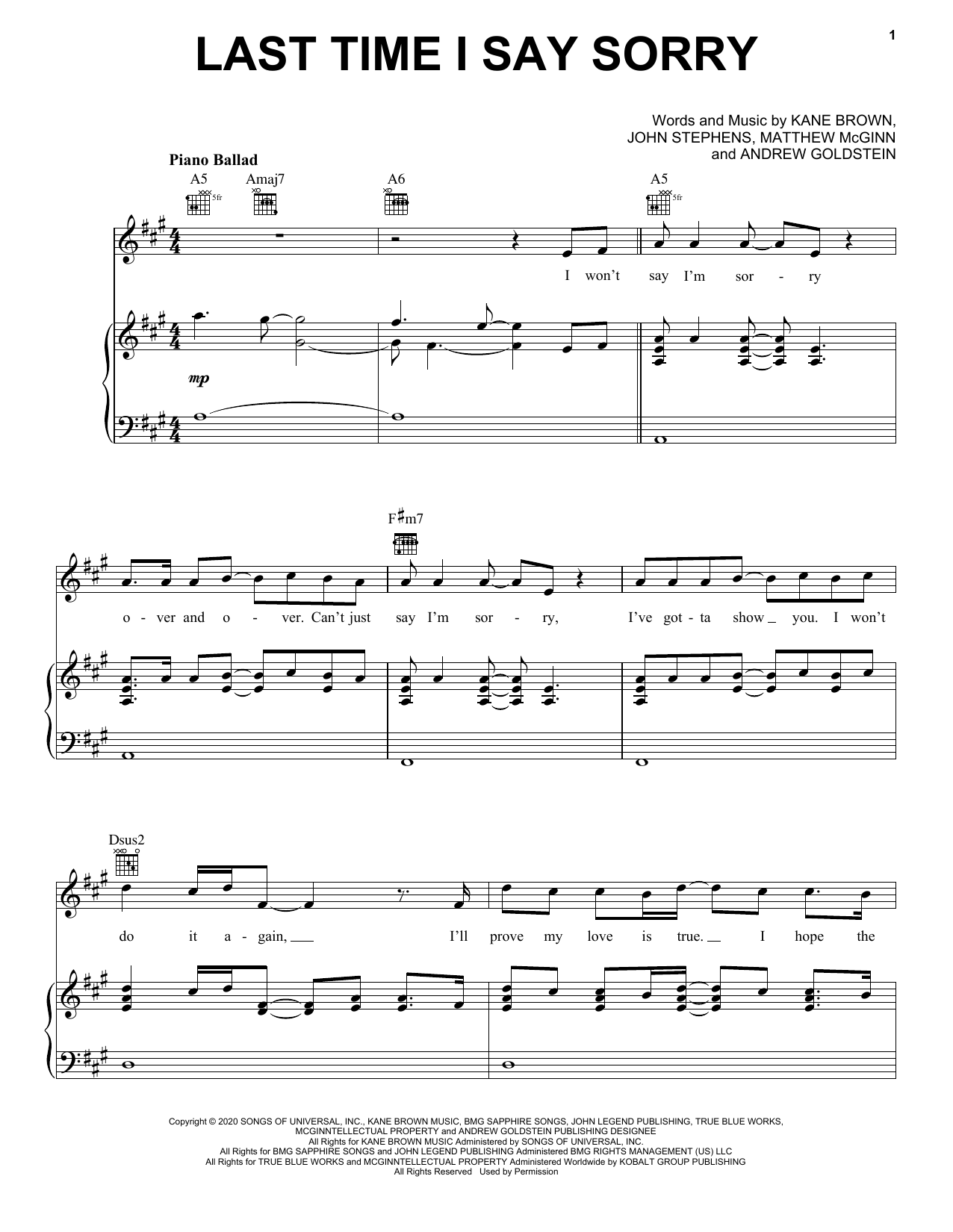 Kane Brown & John Legend Last Time I Say Sorry sheet music notes and chords arranged for Piano, Vocal & Guitar Chords (Right-Hand Melody)