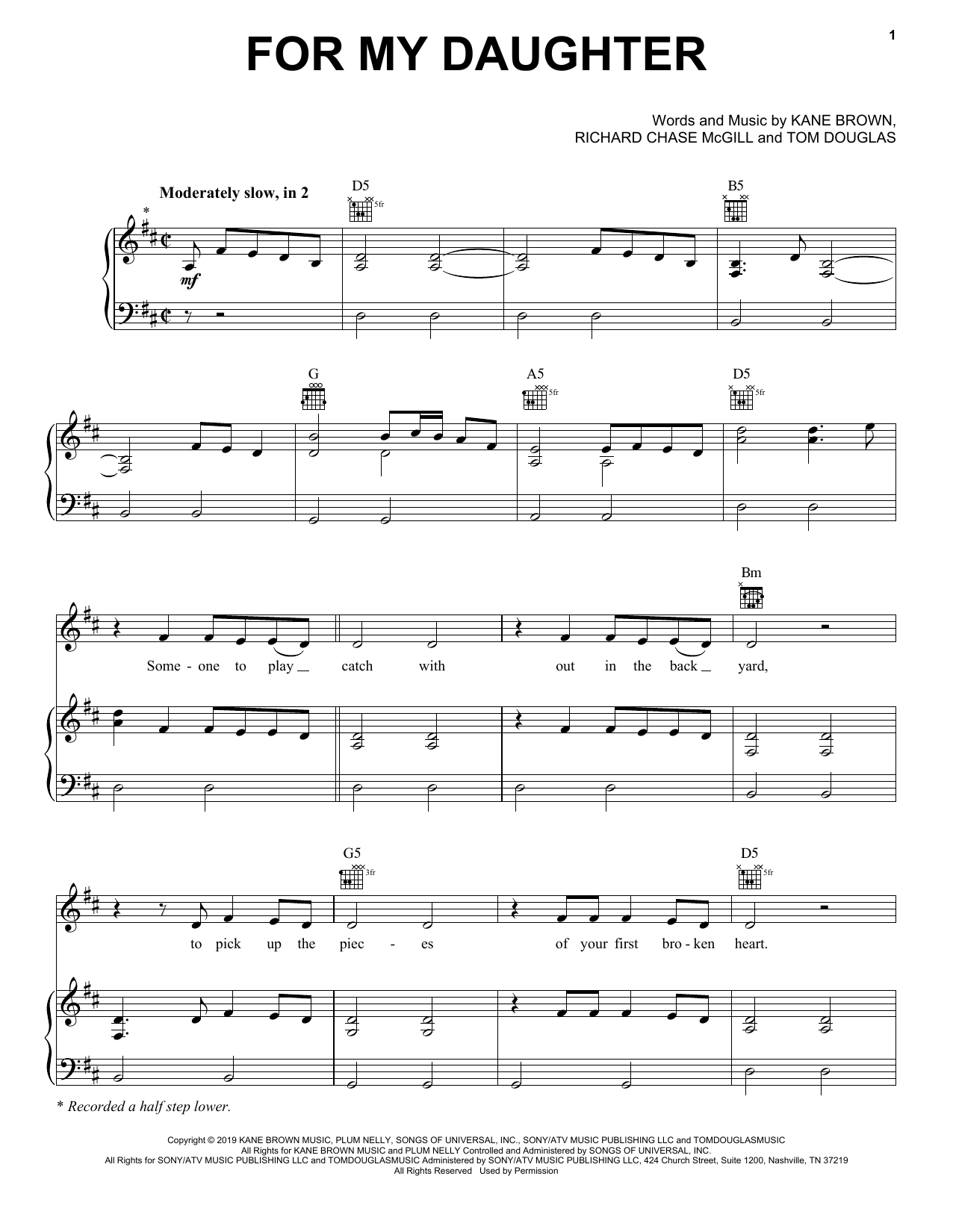 Kane Brown For My Daughter sheet music notes and chords arranged for Piano, Vocal & Guitar Chords (Right-Hand Melody)