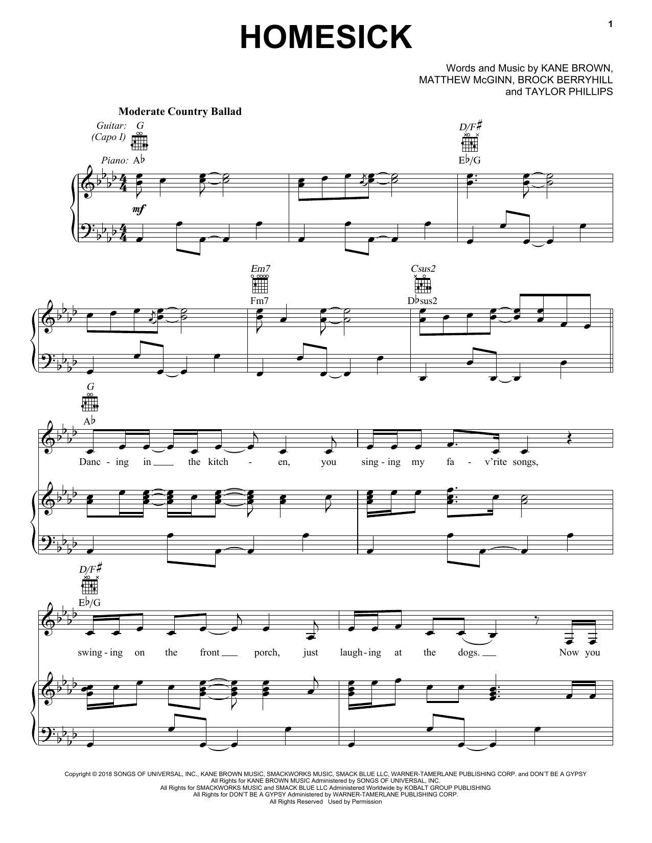 Kane Brown Homesick sheet music notes and chords arranged for Piano, Vocal & Guitar Chords (Right-Hand Melody)