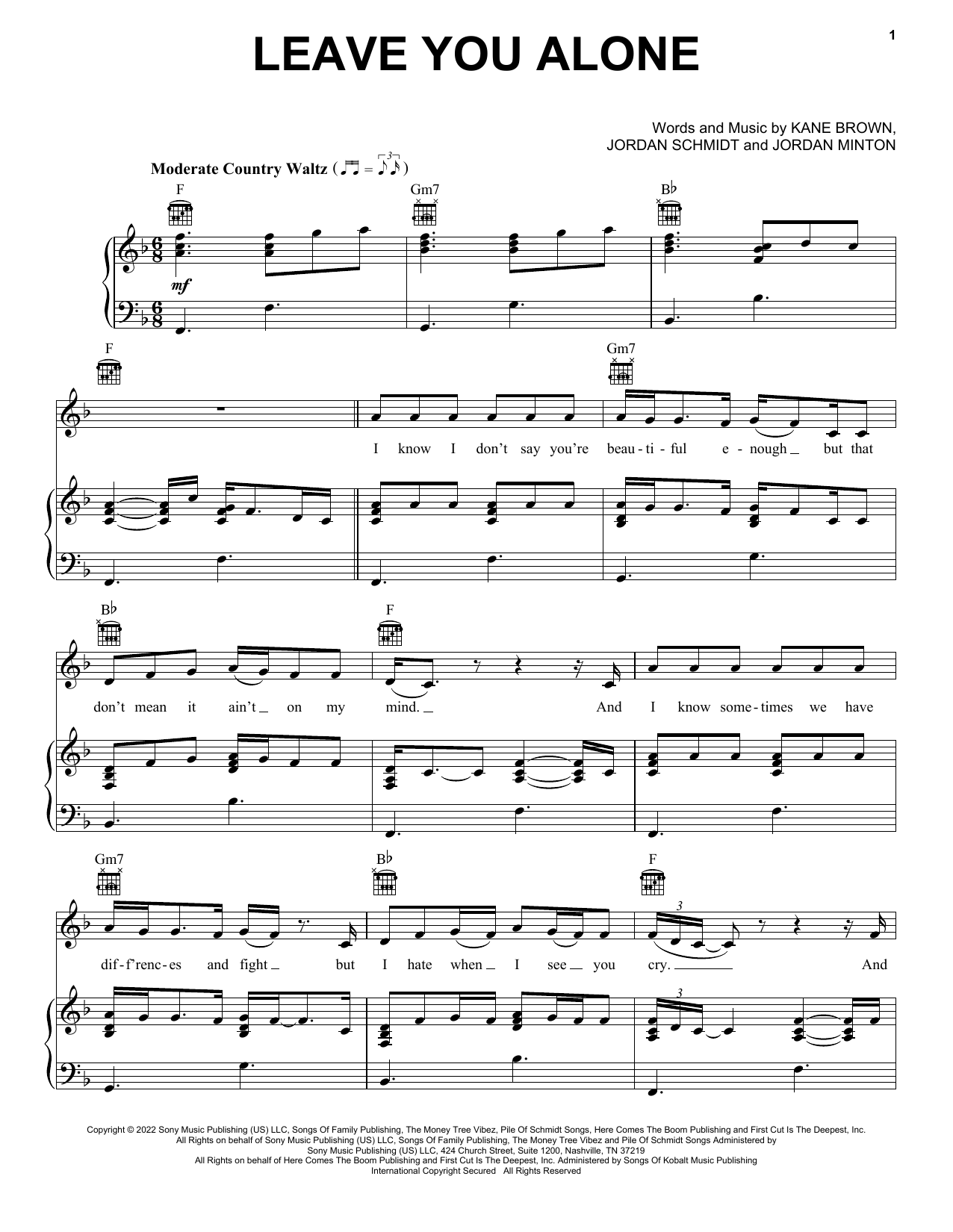 Kane Brown Leave You Alone sheet music notes and chords arranged for Piano, Vocal & Guitar Chords (Right-Hand Melody)