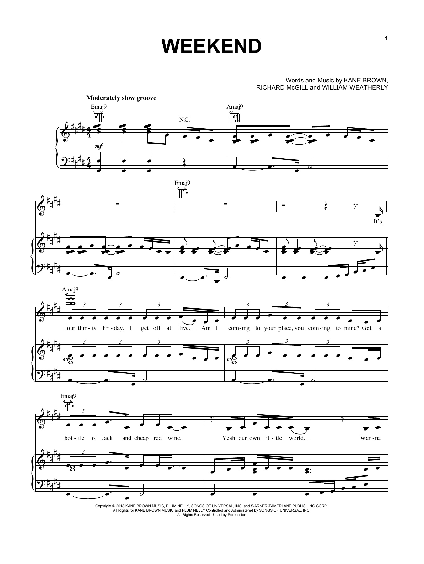 Kane Brown Weekend sheet music notes and chords arranged for Piano, Vocal & Guitar Chords (Right-Hand Melody)