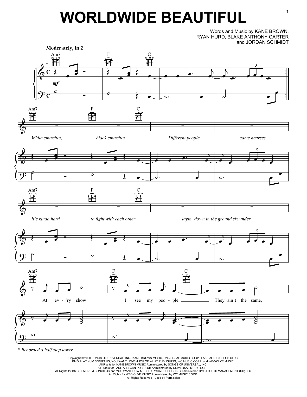 Kane Brown Worldwide Beautiful sheet music notes and chords arranged for Piano, Vocal & Guitar Chords (Right-Hand Melody)