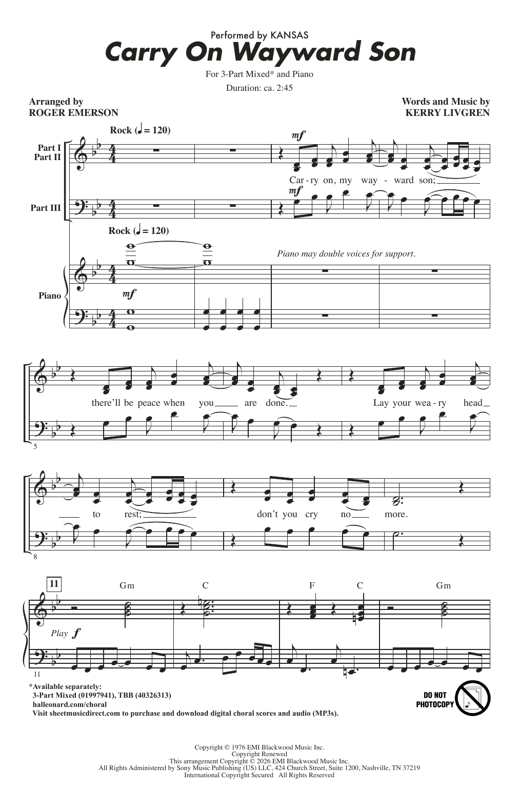 Kansas Carry On Wayward Son (arr. Roger Emerson) sheet music notes and chords arranged for 3-Part Mixed Choir
