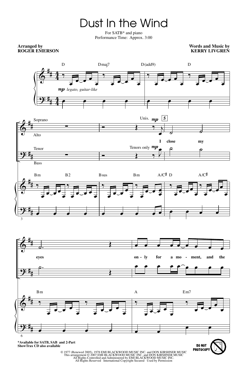 Kansas Dust In The Wind (arr. Roger Emerson) sheet music notes and chords arranged for 3-Part Mixed Choir