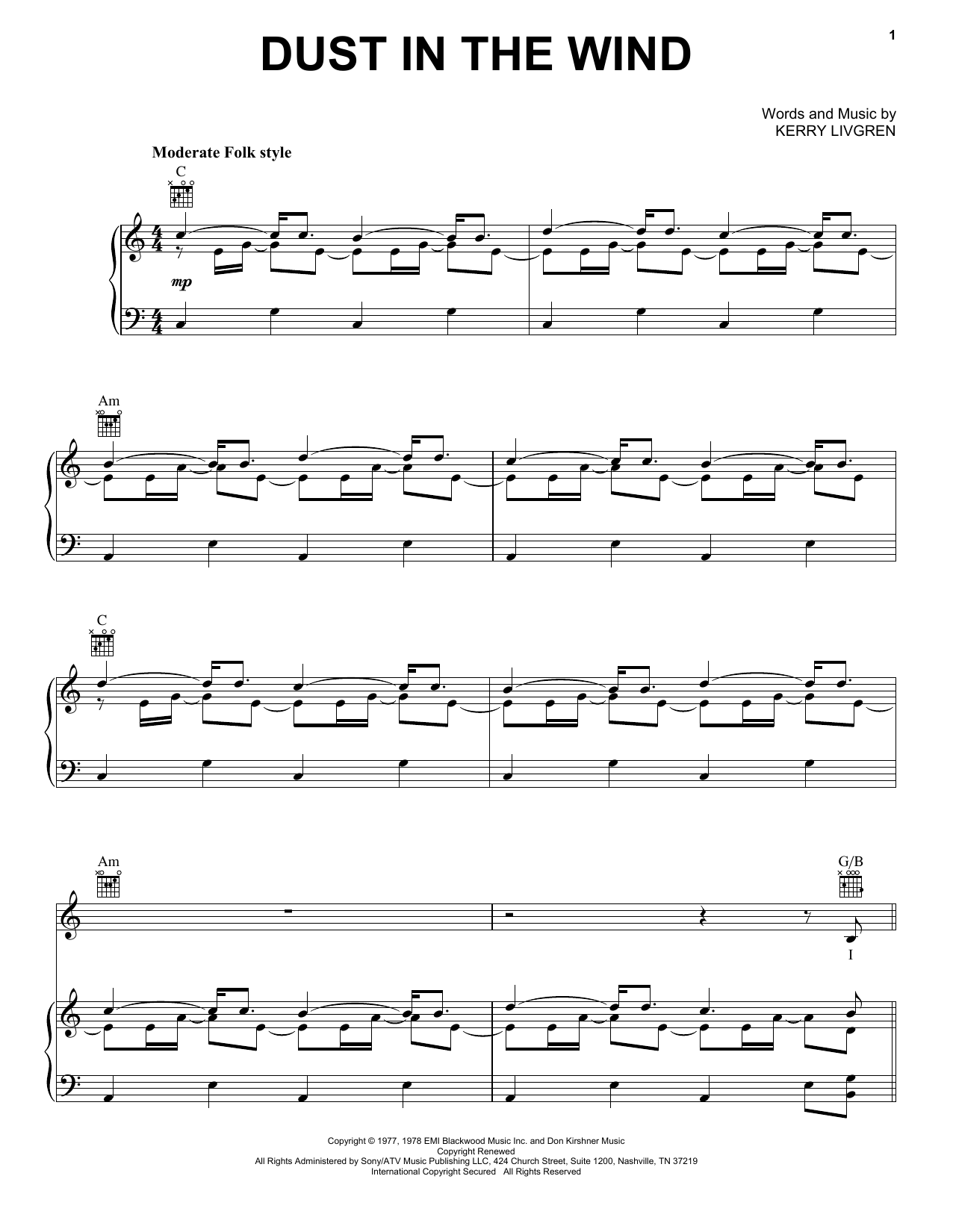 Kansas Dust In The Wind sheet music notes and chords. Download Printable PDF.