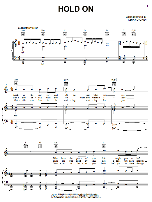 Kansas Hold On sheet music notes and chords arranged for Piano, Vocal & Guitar Chords (Right-Hand Melody)