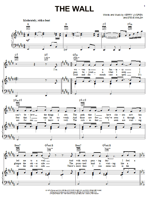 Kansas The Wall sheet music notes and chords arranged for Piano, Vocal & Guitar Chords (Right-Hand Melody)