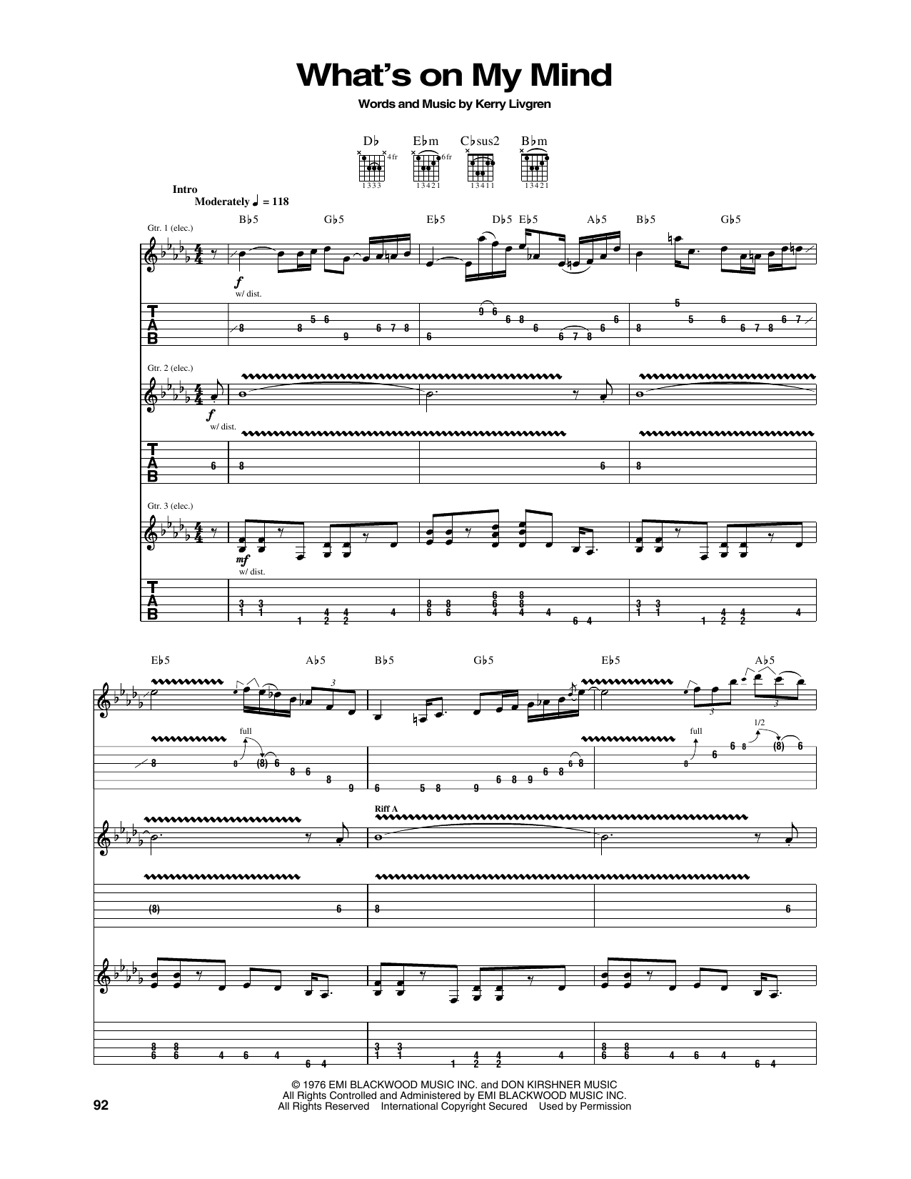 Kansas What's On My Mind sheet music notes and chords arranged for Guitar Tab