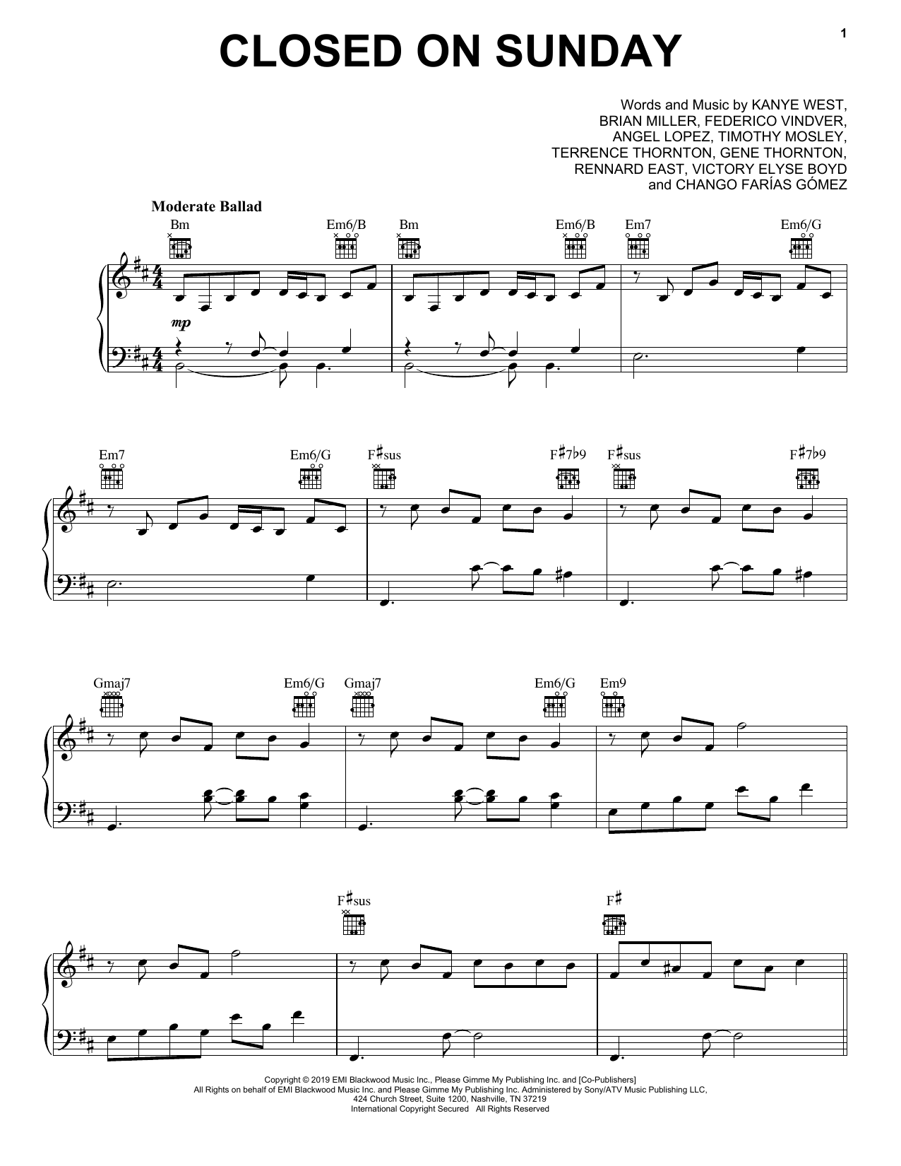 Kanye West Closed On Sunday sheet music notes and chords arranged for Piano, Vocal & Guitar Chords (Right-Hand Melody)