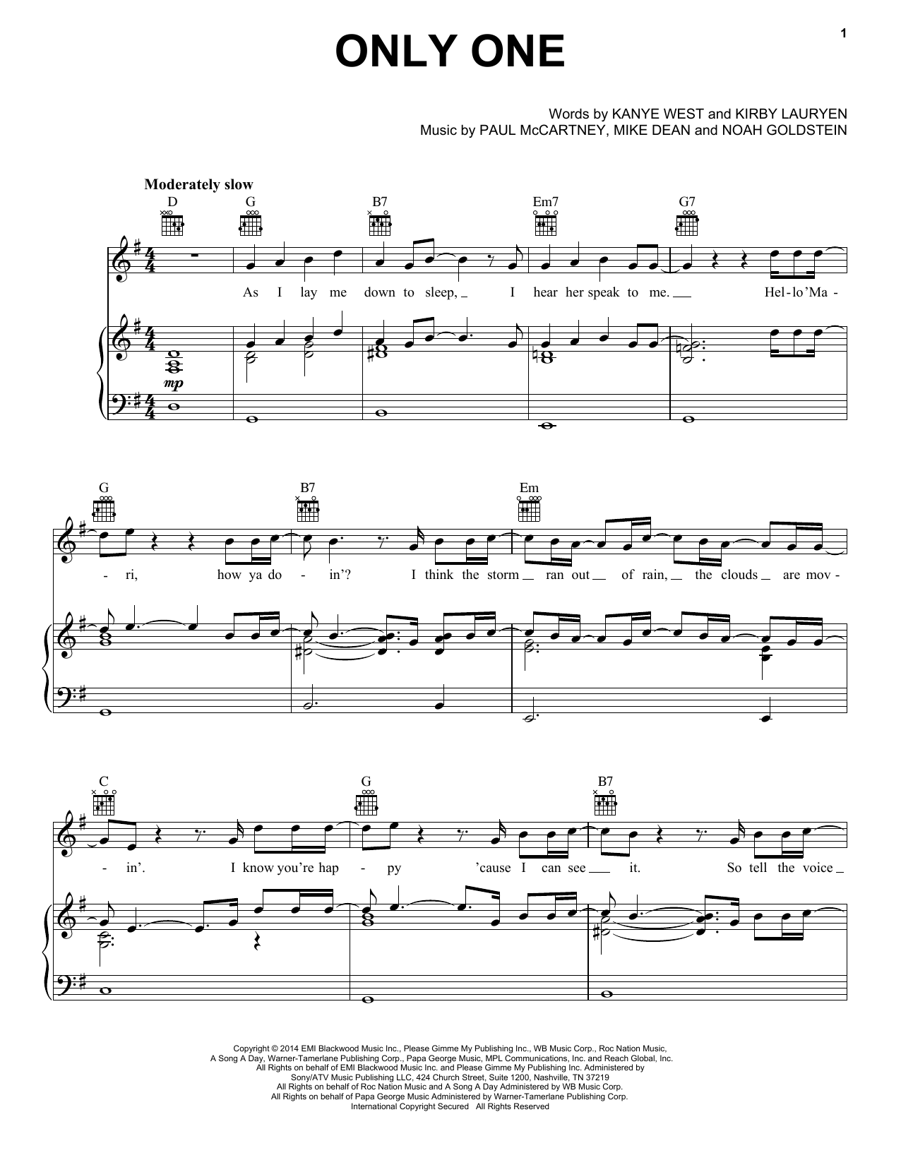 Kanye West feat. Paul McCartney Only One sheet music notes and chords arranged for Piano, Vocal & Guitar Chords (Right-Hand Melody)