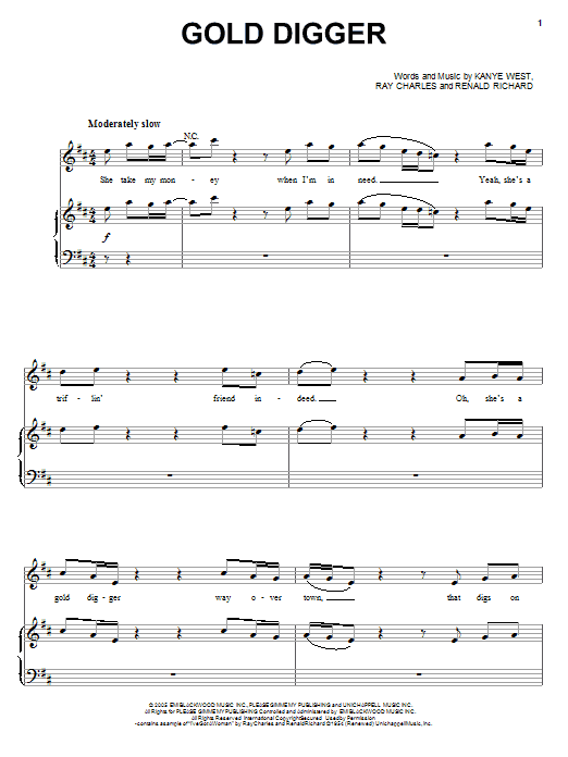 Kanye West Gold Digger sheet music notes and chords arranged for Piano, Vocal & Guitar Chords