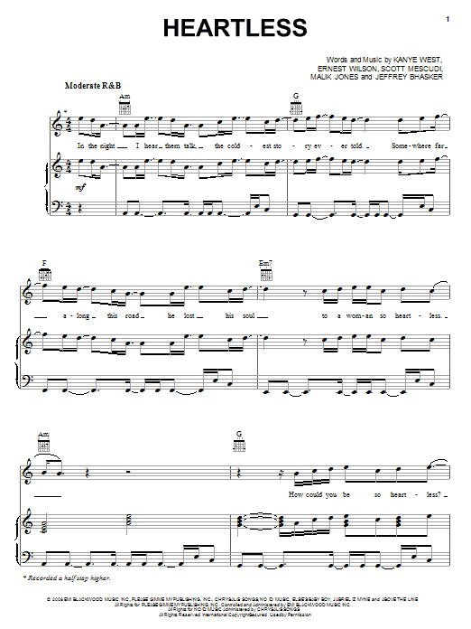 Kanye West Heartless sheet music notes and chords arranged for Piano, Vocal & Guitar Chords (Right-Hand Melody)