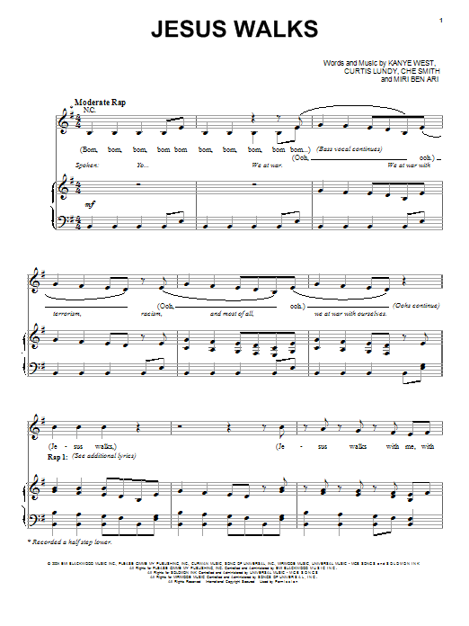 Kanye West Jesus Walks sheet music notes and chords arranged for Piano, Vocal & Guitar Chords (Right-Hand Melody)