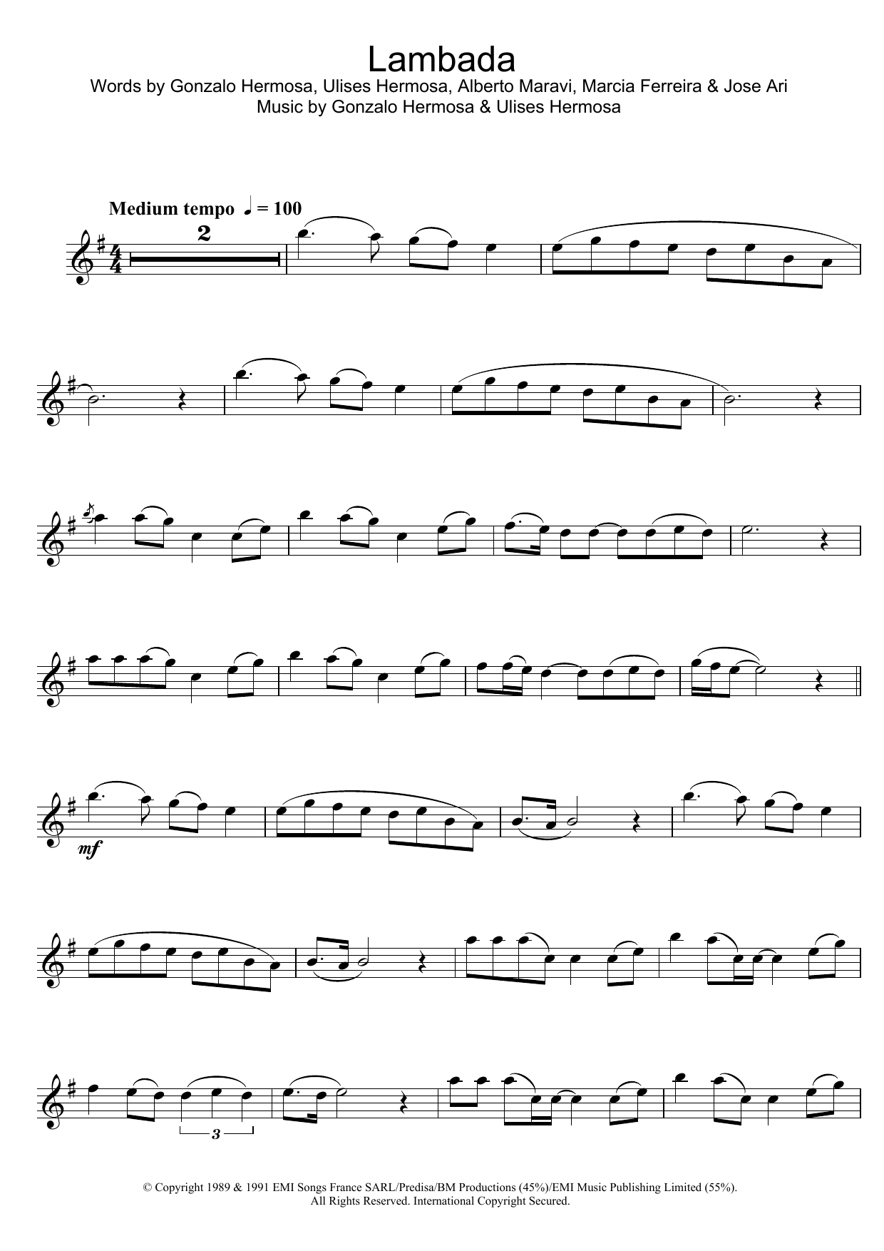 Kaoma Lambada sheet music notes and chords arranged for Trumpet Solo