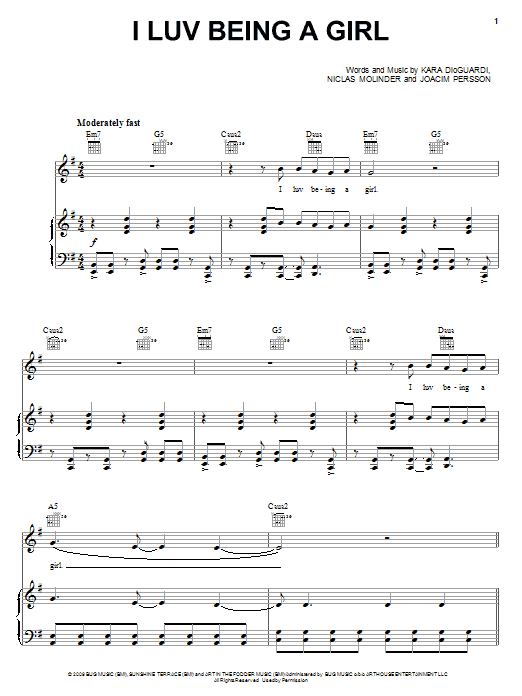 Kara DioGuardi I Luv Being A Girl sheet music notes and chords arranged for Piano, Vocal & Guitar Chords (Right-Hand Melody)