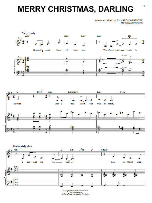 Karen Carpenter Merry Christmas, Darling sheet music notes and chords arranged for Piano & Vocal