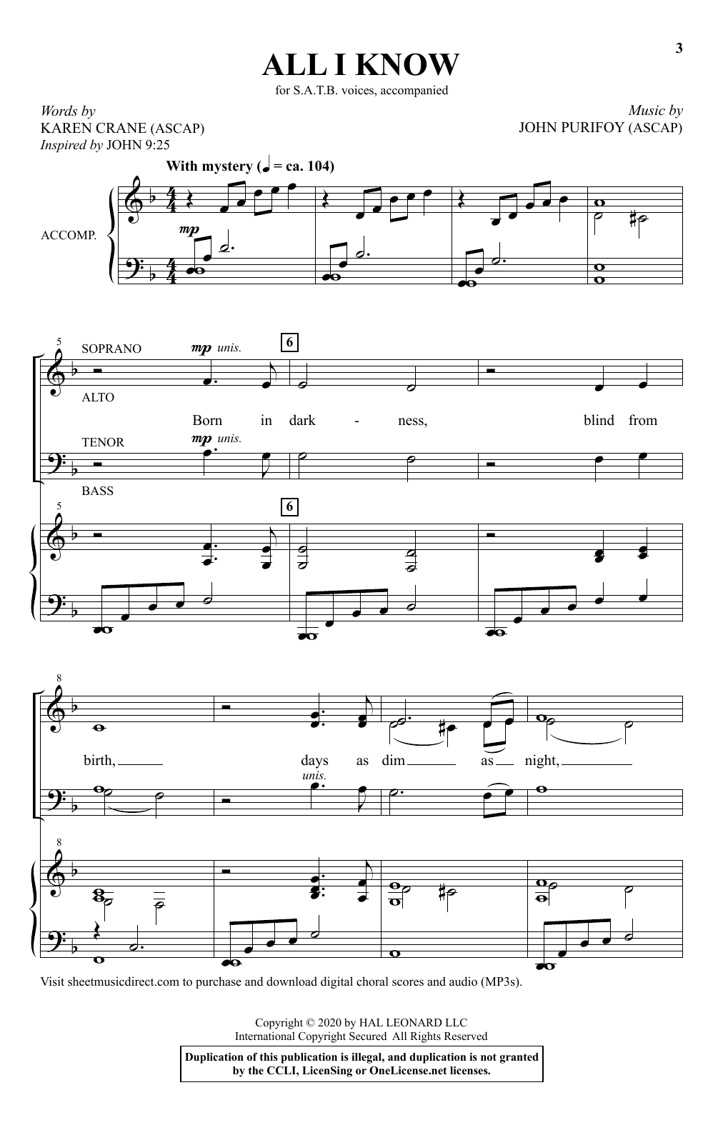 Karen Crane and John Purifoy All I Know sheet music notes and chords arranged for SATB Choir