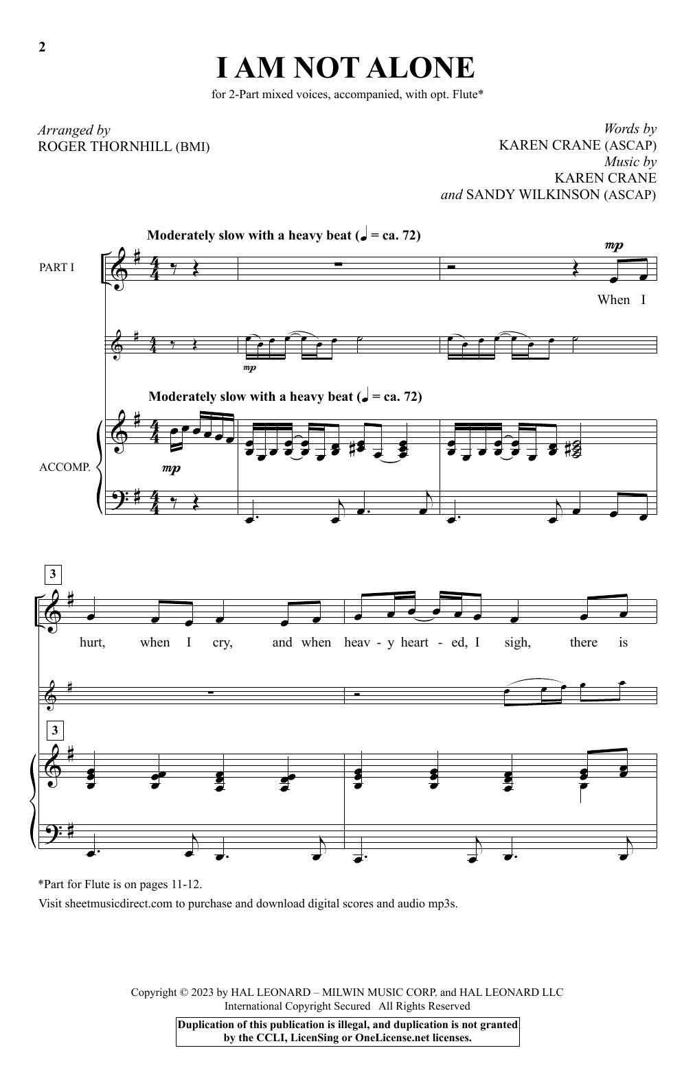 Karen Crane and Sandy Wilkinson I Am Not Alone (arr. Roger Thornhill) sheet music notes and chords arranged for 2-Part Choir