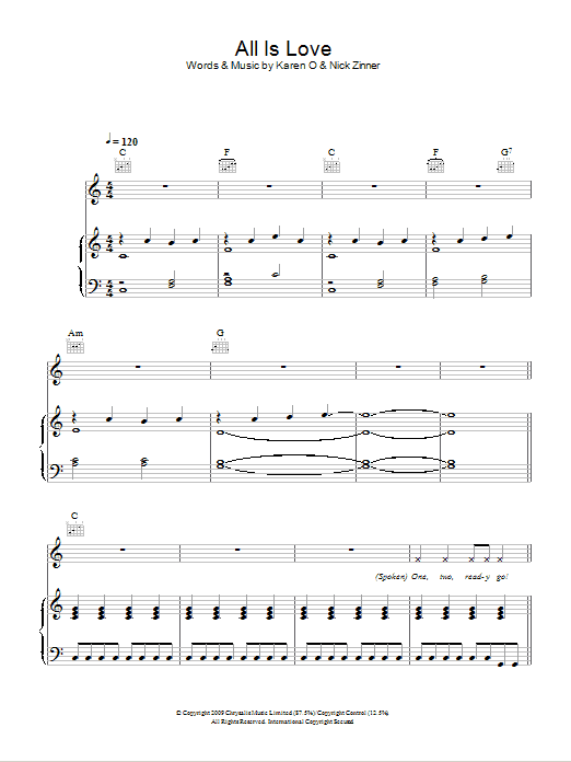 Karen O & The Kids All Is Love sheet music notes and chords arranged for Piano, Vocal & Guitar Chords