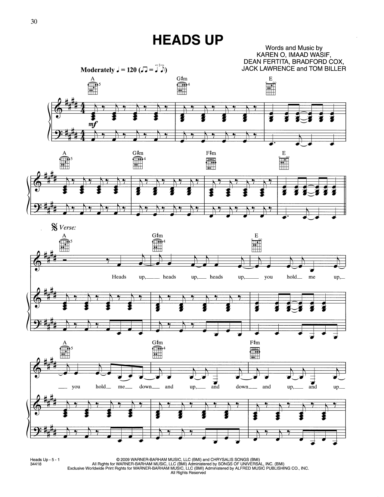 Karen O & The Kids Heads Up (from Where The Wild Things Are) sheet music notes and chords arranged for Piano, Vocal & Guitar Chords (Right-Hand Melody)