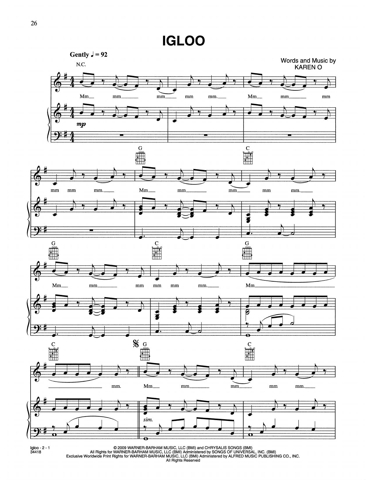 Karen O & The Kids Igloo (from Where The Wild Things Are) sheet music notes and chords arranged for Piano, Vocal & Guitar Chords (Right-Hand Melody)