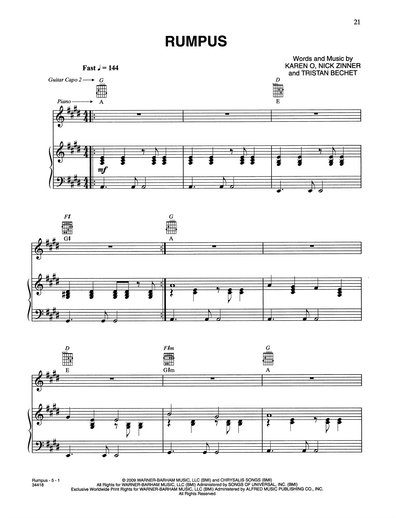 Karen O & The Kids Rumpus (from Where The Wild Things Are) sheet music notes and chords arranged for Piano, Vocal & Guitar Chords (Right-Hand Melody)