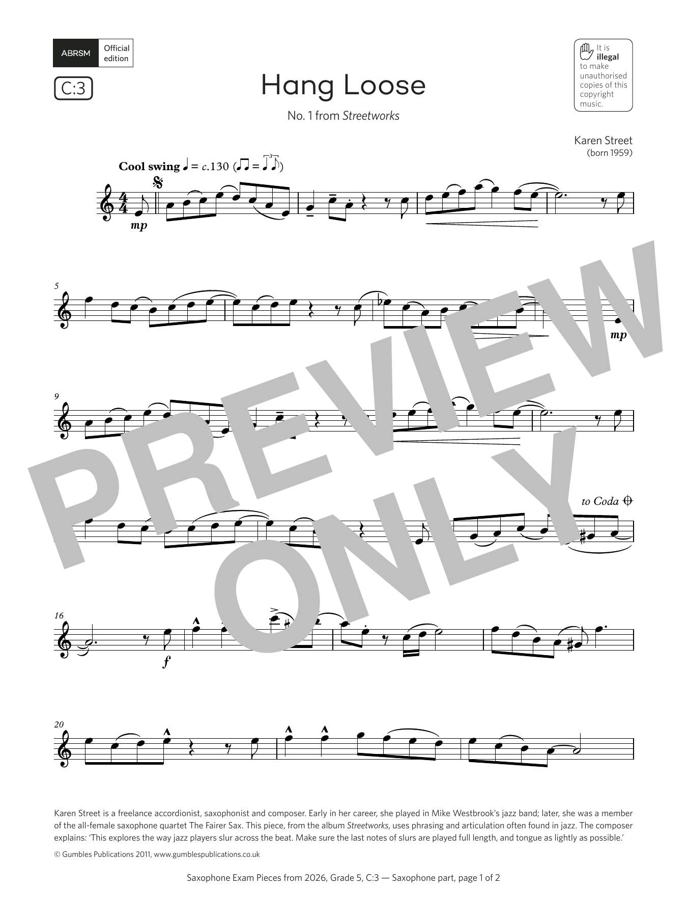Karen Street Hang Loose (Grade 5, list C3, from the ABRSM Saxophone Syllabus from 2026) sheet music notes and chords arranged for Alto Sax Solo