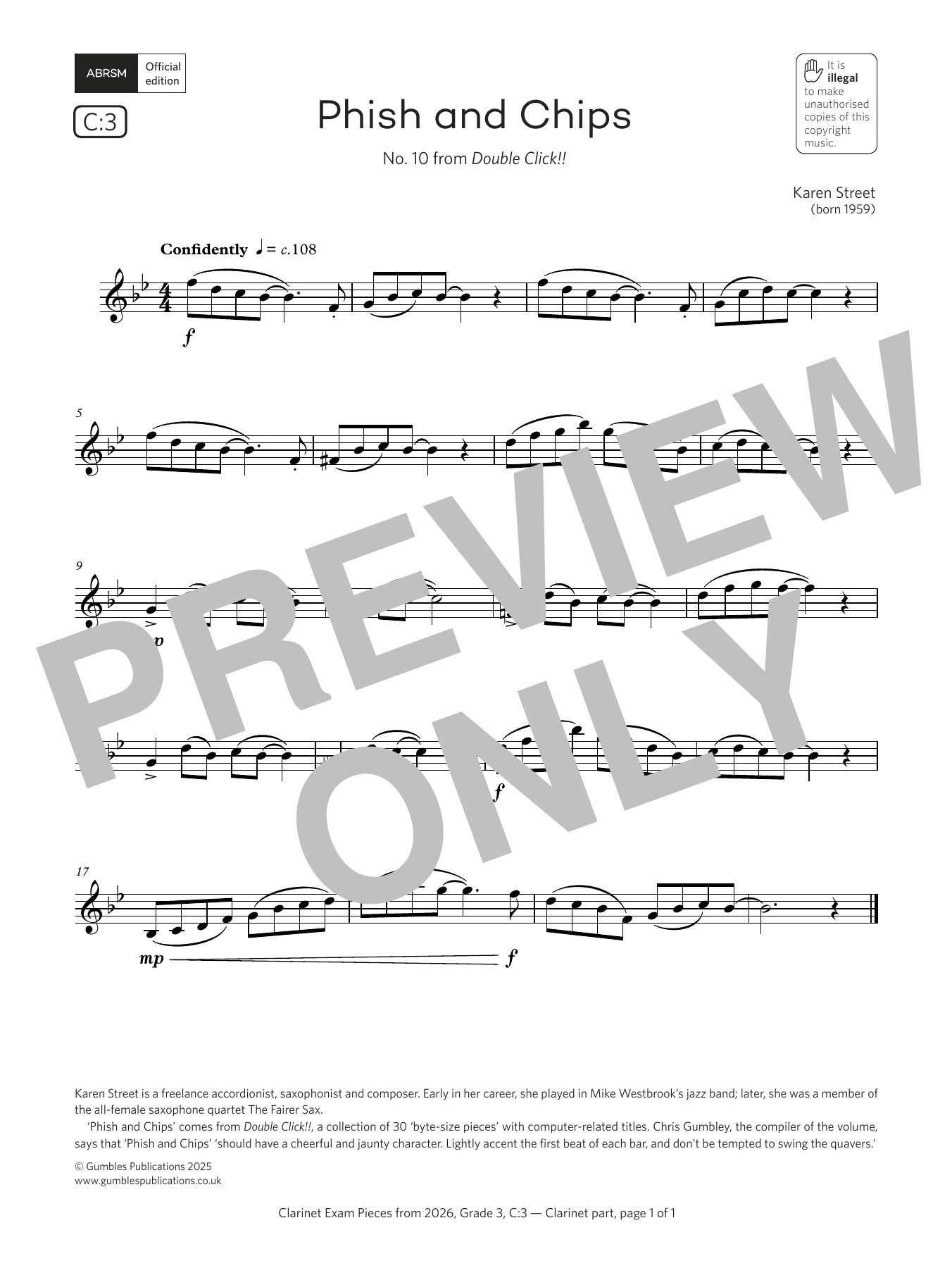 Karen Street Phish and Chips (Grade 3, list C3, from the ABRSM Clarinet Syllabus from 2026) sheet music notes and chords arranged for Clarinet Solo