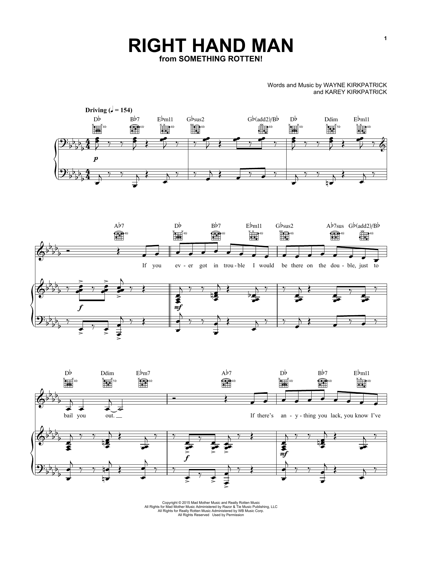 Karey Kirkpatrick and Wayne Kirkpatrick Right Hand Man (from Something Rotten!) sheet music notes and chords arranged for Vocal Pro + Piano/Guitar
