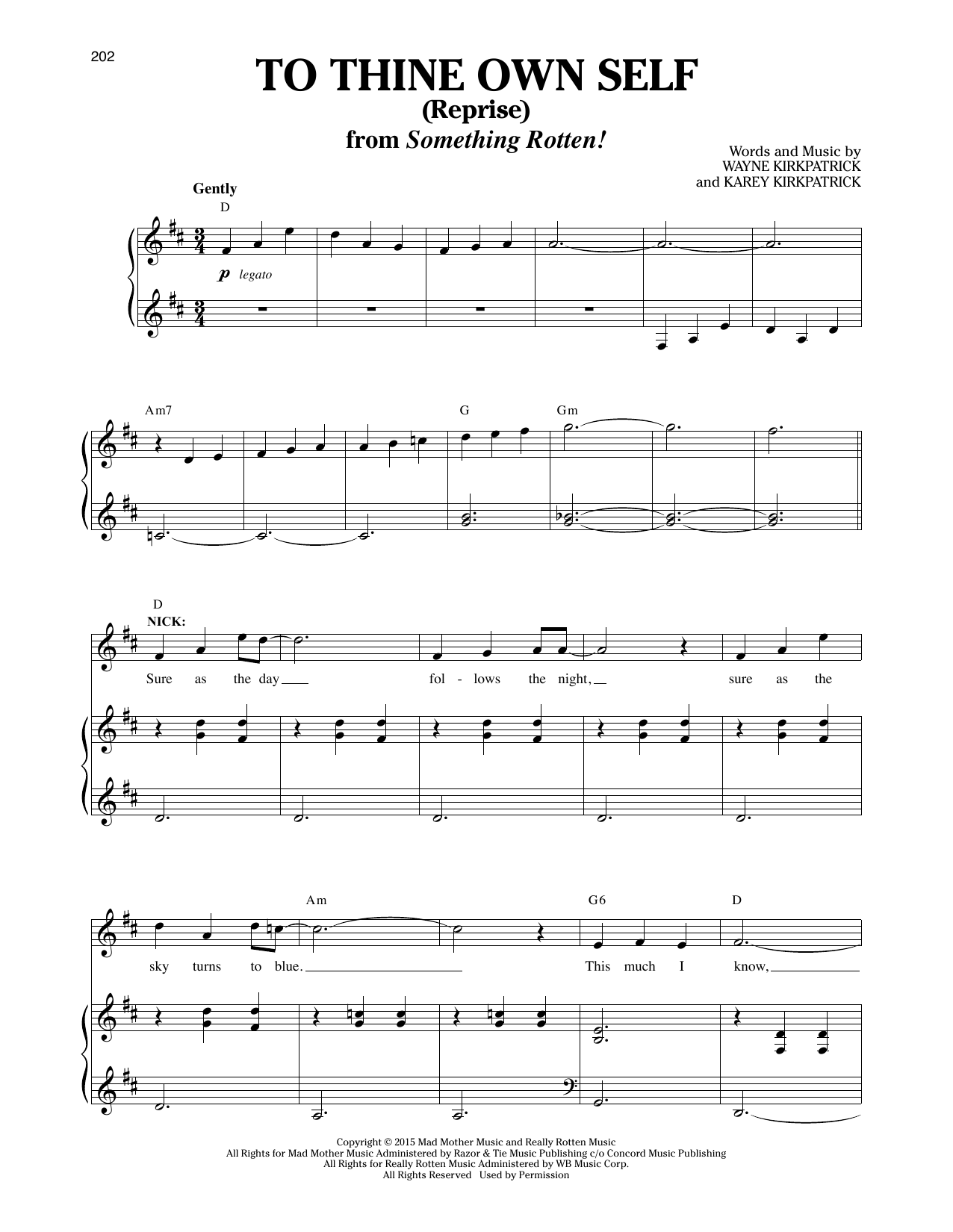 Karey Kirkpatrick and Wayne Kirkpatrick To Thine Own Self (Reprise) (from Something Rotten!) sheet music notes and chords arranged for Piano & Vocal
