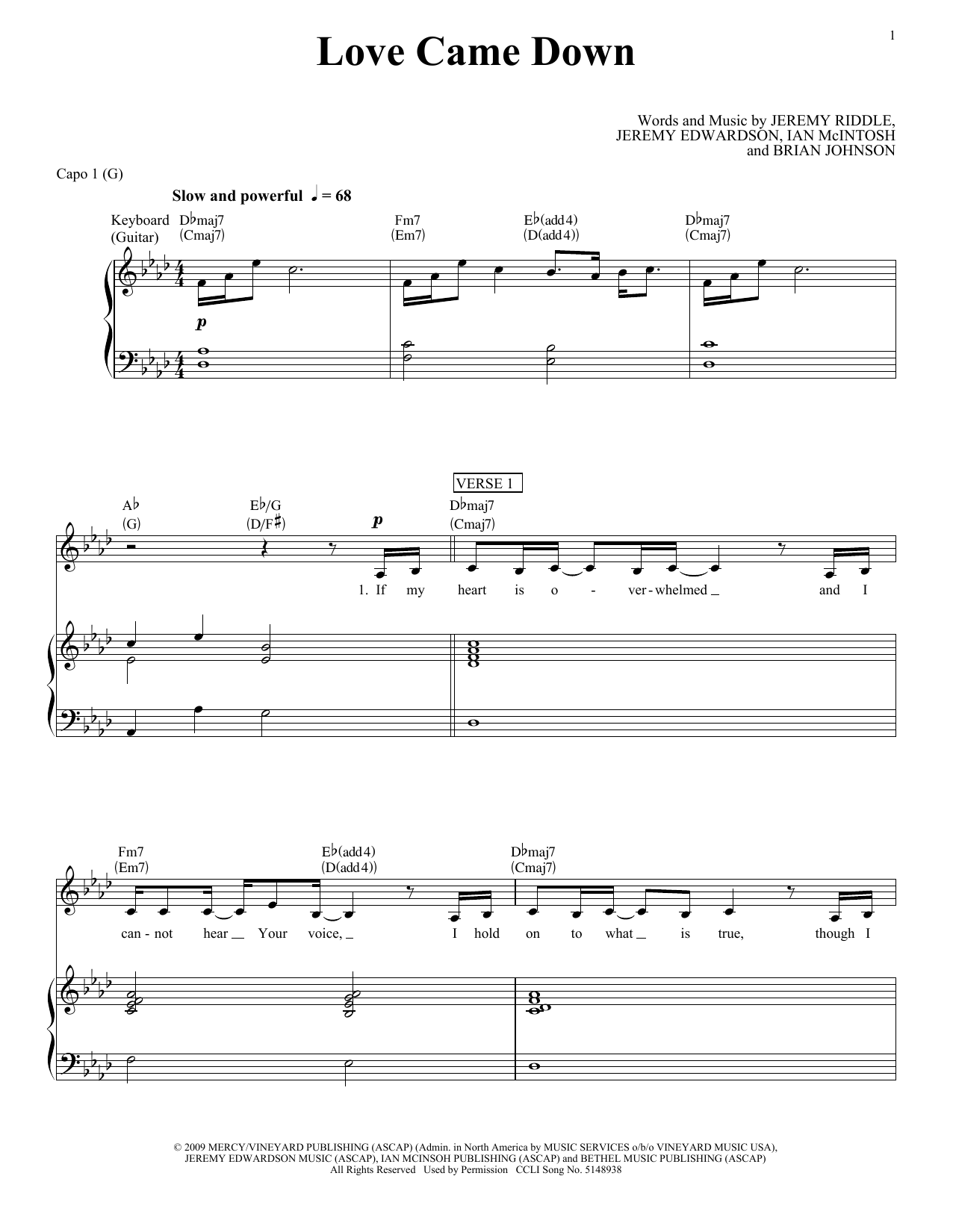 Kari Jobe Love Came Down sheet music notes and chords arranged for Piano, Vocal & Guitar Chords (Right-Hand Melody)