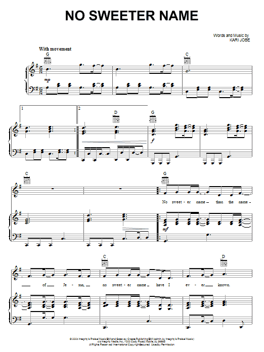 Kari Jobe No Sweeter Name sheet music notes and chords arranged for Piano, Vocal & Guitar Chords (Right-Hand Melody)