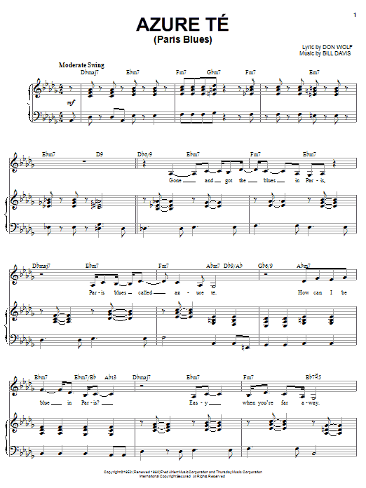 Karrin Allyson Azure-Te (Paris Blues) sheet music notes and chords arranged for Piano, Vocal & Guitar Chords (Right-Hand Melody)