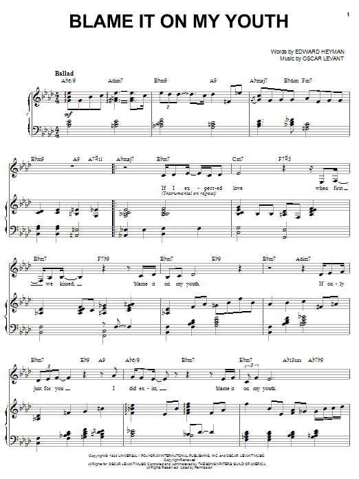 Karrin Allyson Blame It On My Youth sheet music notes and chords arranged for Piano, Vocal & Guitar Chords (Right-Hand Melody)