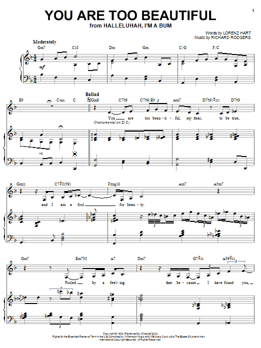 Karrin Allyson You Are Too Beautiful sheet music notes and chords arranged for Piano, Vocal & Guitar Chords (Right-Hand Melody)