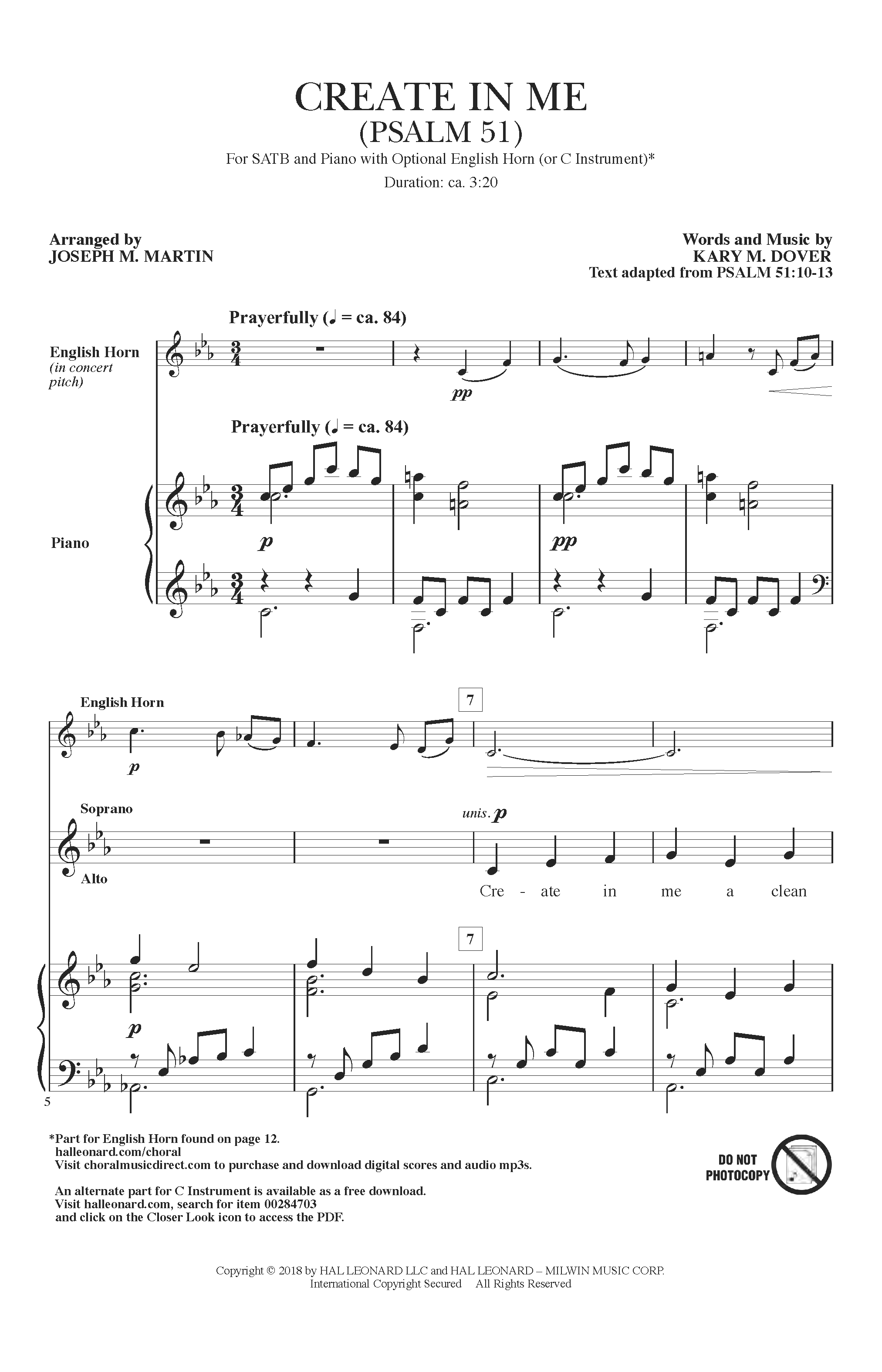 Kary Dover Create In Me (Psalm 51) (arr. Joseph M. Martin) sheet music notes and chords arranged for SATB Choir