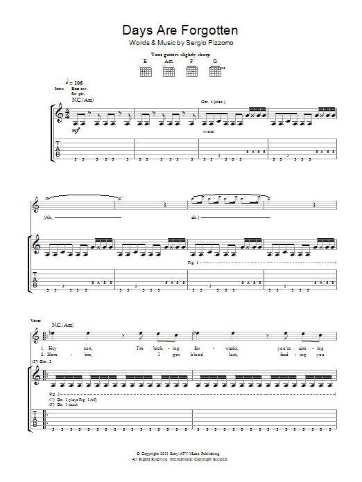 Kasabian Days Are Forgotten sheet music notes and chords arranged for Guitar Tab