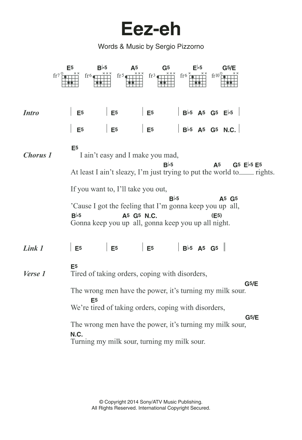 Kasabian Eez-Eh sheet music notes and chords arranged for Guitar Chords/Lyrics