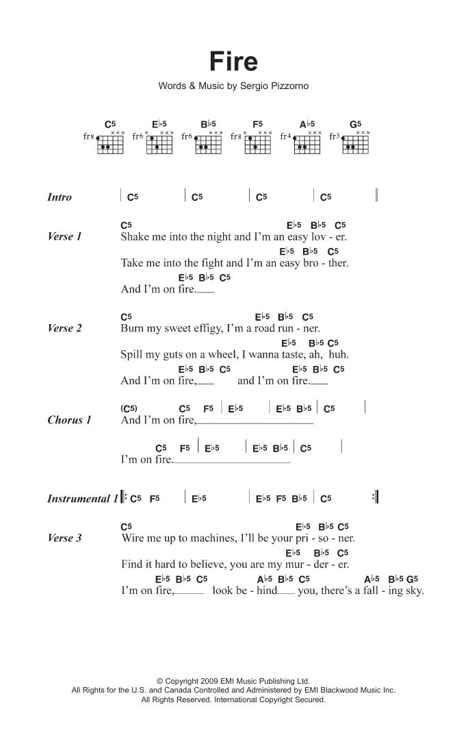 Kasabian Fire sheet music notes and chords arranged for Guitar Chords/Lyrics