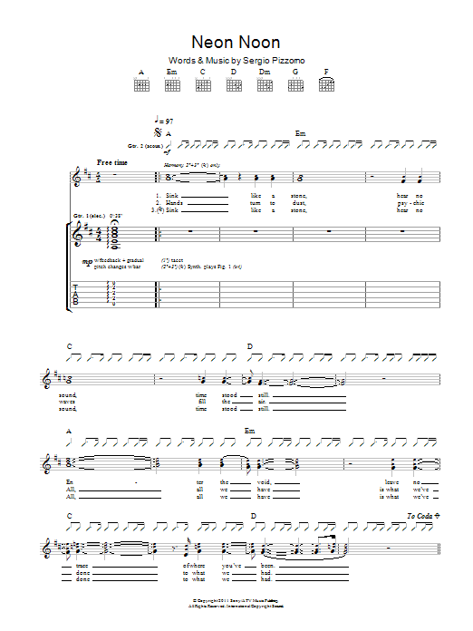 Kasabian Neon Noon sheet music notes and chords arranged for Guitar Tab