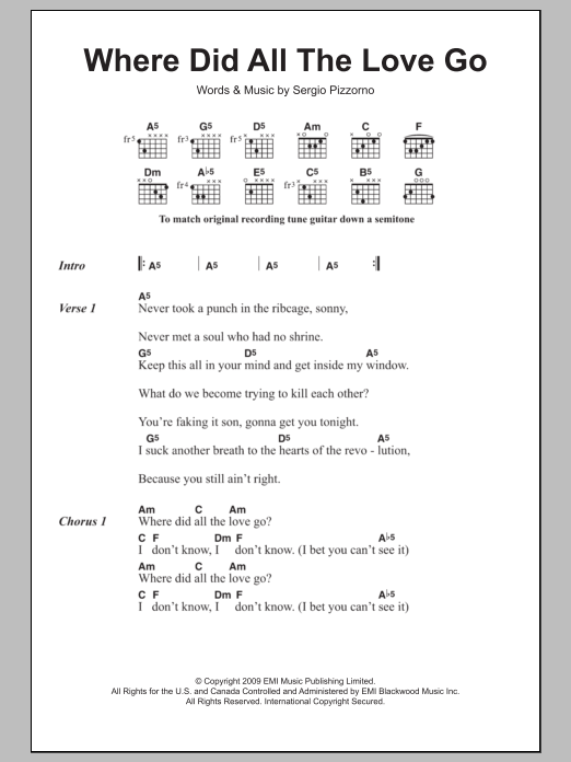 Kasabian Where Did All The Love Go sheet music notes and chords arranged for Guitar Chords/Lyrics