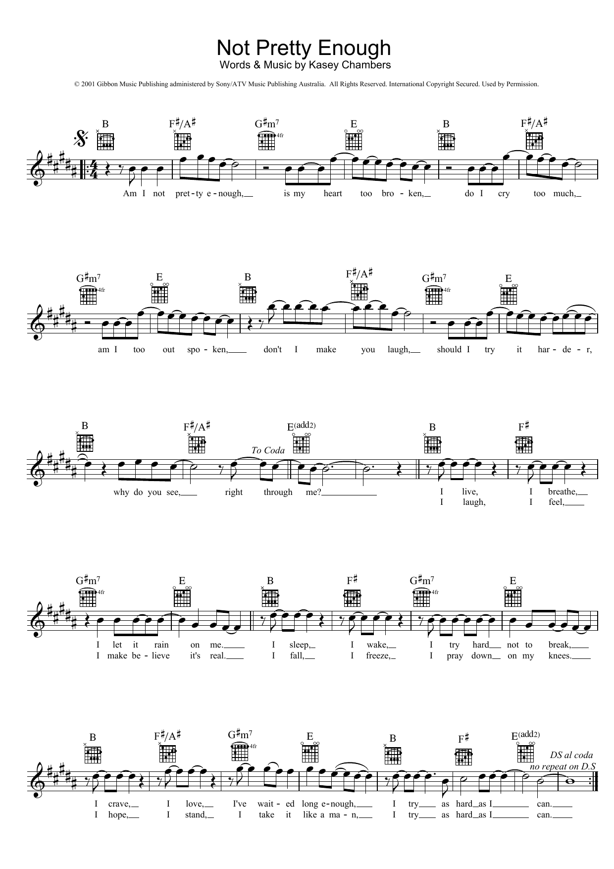 Kasey Chambers Not Pretty Enough sheet music notes and chords arranged for Piano, Vocal & Guitar Chords