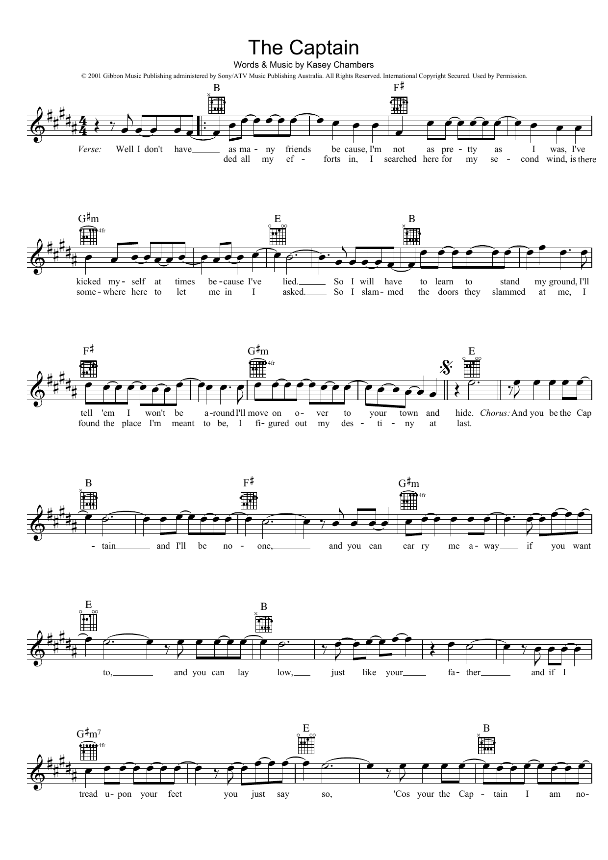 Kasey Chambers The Captain sheet music notes and chords arranged for Lead Sheet / Fake Book