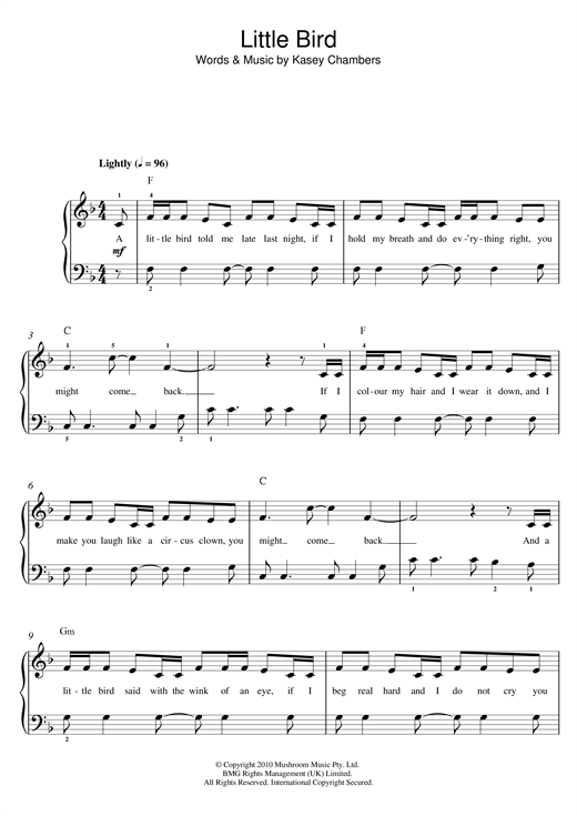 Kasey Chambers Little Bird sheet music notes and chords arranged for Beginner Piano
