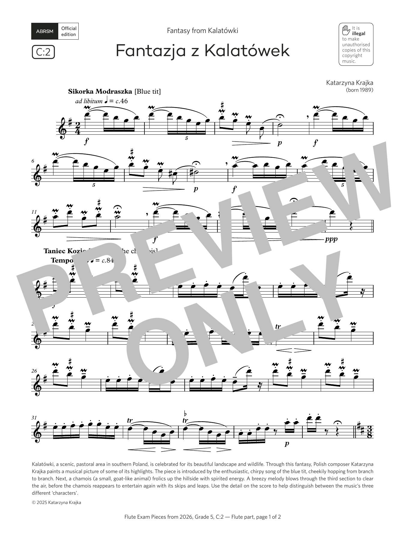 Katarzyna Krajka Fantazja z Kalatówek (Grade 5, list C2, from the ABRSM Flute Syllabus from 2026) sheet music notes and chords arranged for Flute Solo