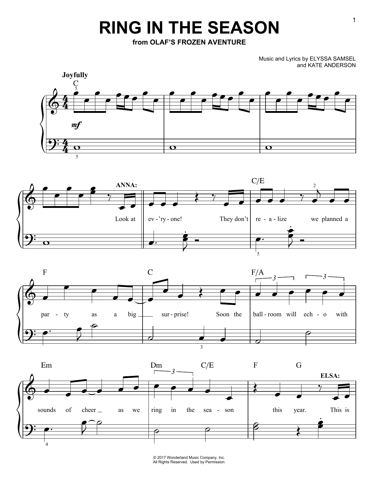 Kate Anderson Ring In The Season (from Olaf's Frozen Adventure) sheet music notes and chords arranged for Easy Piano