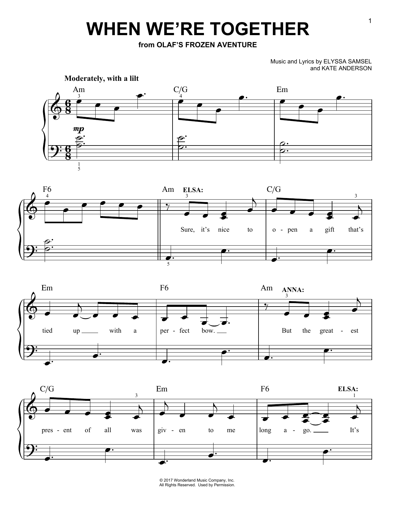 Kate Anderson When We're Together (from Olaf's Frozen Adventure) sheet music notes and chords arranged for Easy Piano