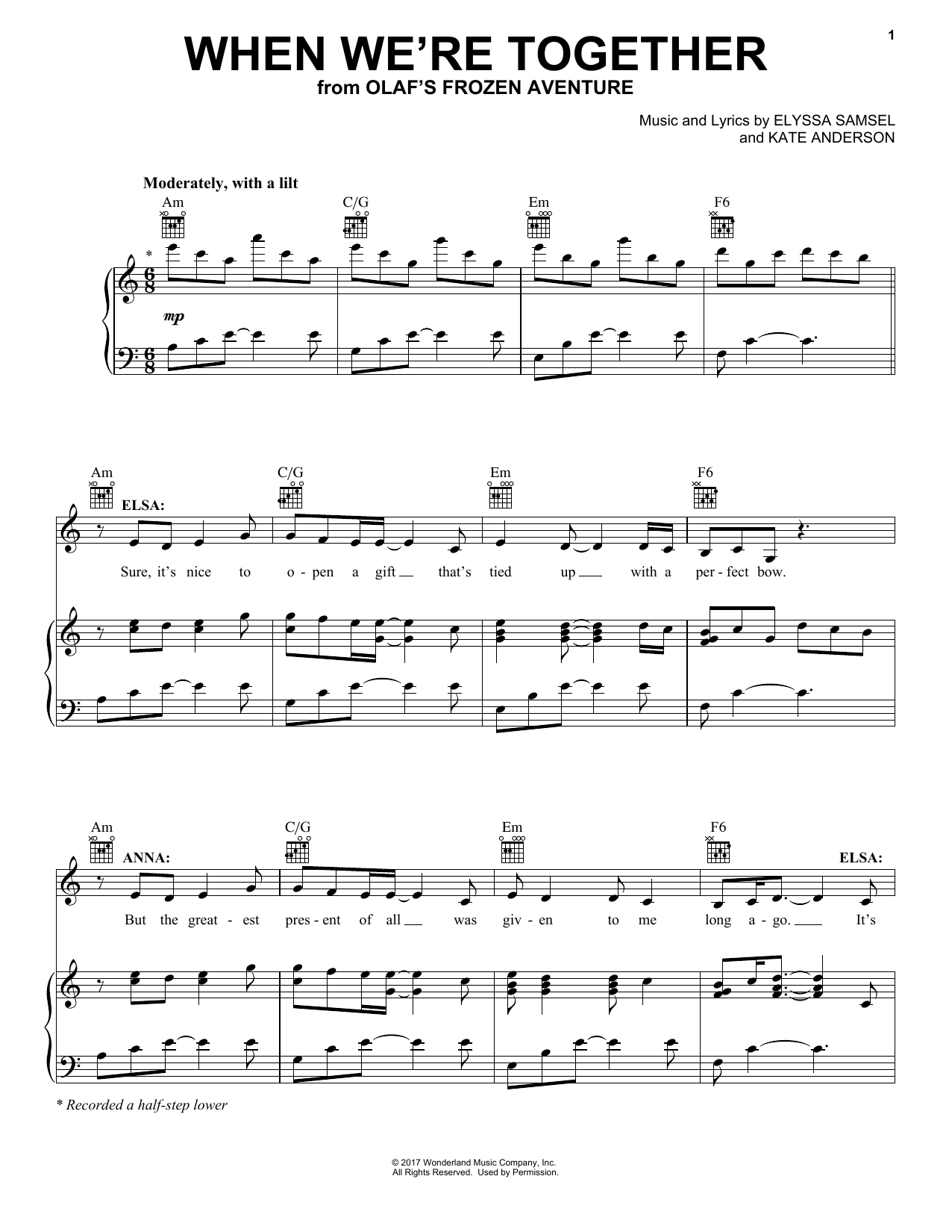 Kate Anderson When We're Together sheet music notes and chords arranged for Piano, Vocal & Guitar Chords (Right-Hand Melody)