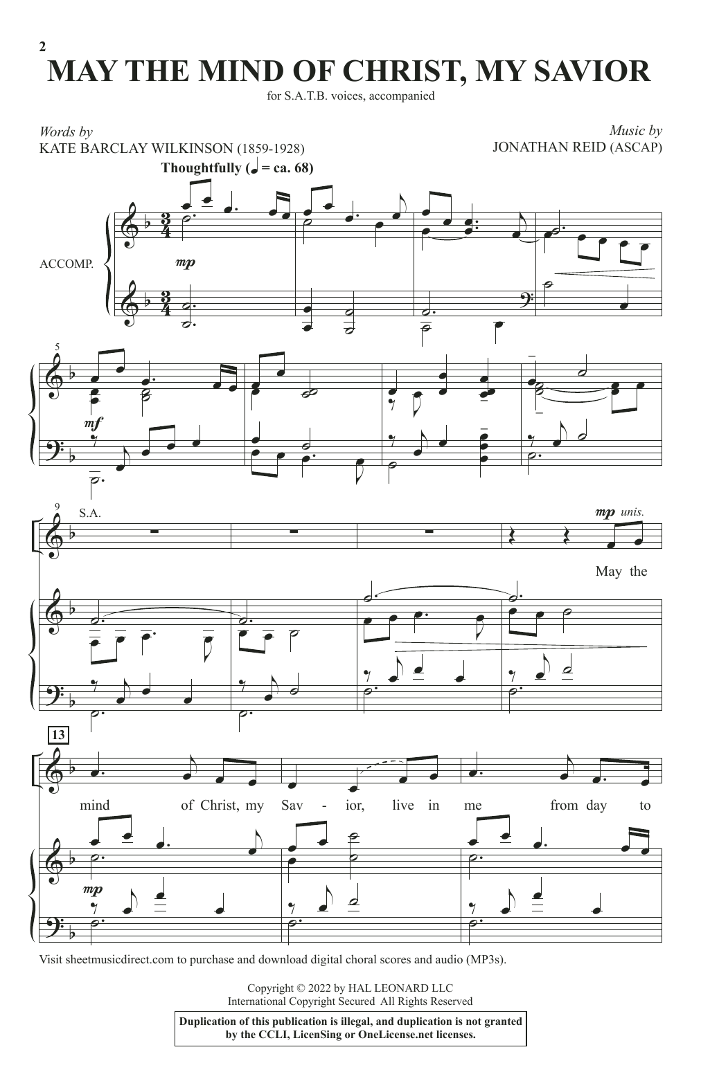 Kate Barclay Wilkinson and Jonathan Reid May The Mind Of Christ, My Savior sheet music notes and chords arranged for SATB Choir