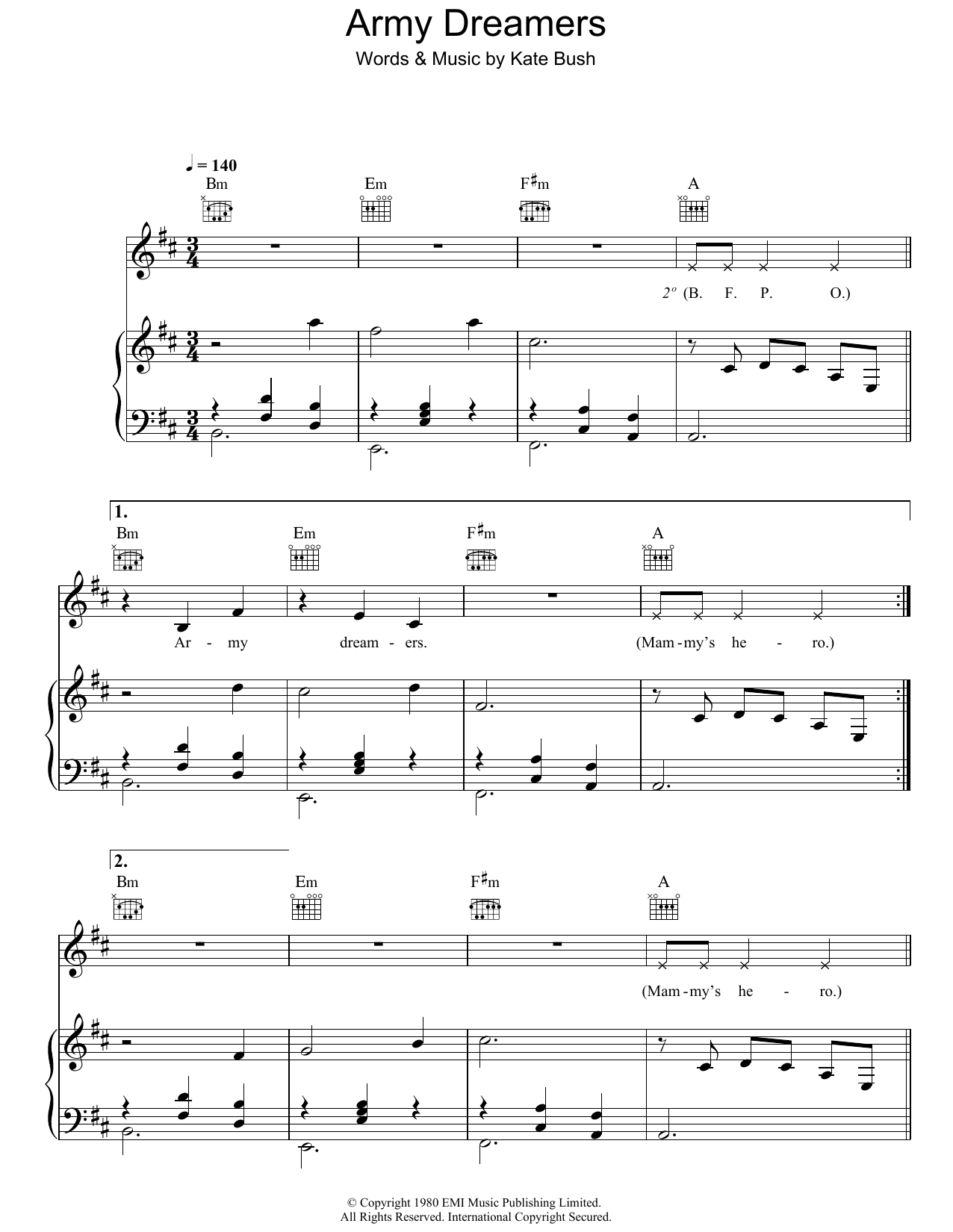 Kate Bush Army Dreamers sheet music notes and chords arranged for Piano, Vocal & Guitar Chords